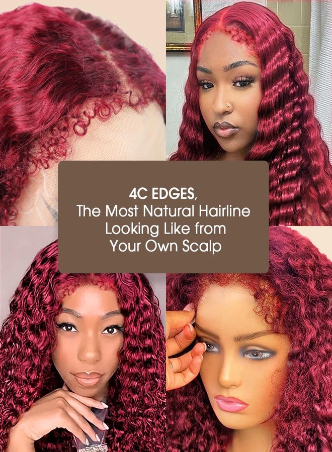 MENTOR 4C Edges Lace Front Wig Deep Wave Burgundy Human Hair 13x4 99j Red Lace Frontal Wigs Deep Curl with Kinky Edges Pre-Plucked 180% Density 18 inch - Image 4